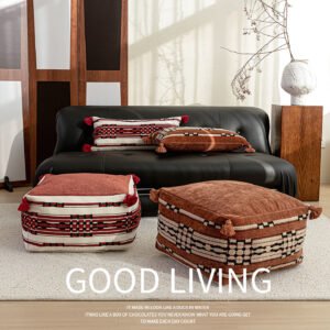 New Year Festive Red Embroidered Floor Pouf & Lumbar Pillow