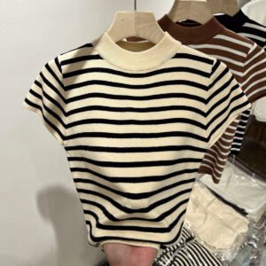 Striped Half-Turtleneck Knit Top - Flying Sleeve Slim Fit