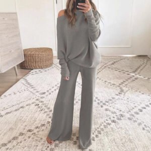 Batwing Sleeve Two Piece Lounge Set — Solid Colour Autumn Knit Co-ord
