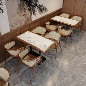 Southeast Asian Restaurant Booth Seating - Solid Wood, Rattan and Slate Tables