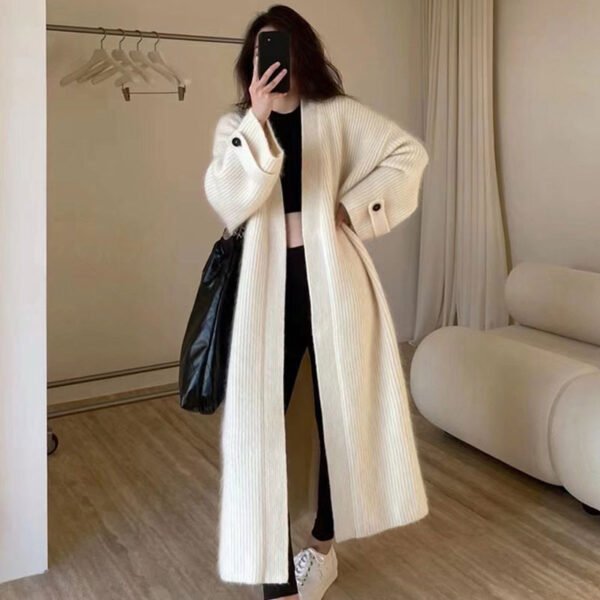 Long Knitted V-Neck Cardigan — Soft Knee Length Sweater Coat