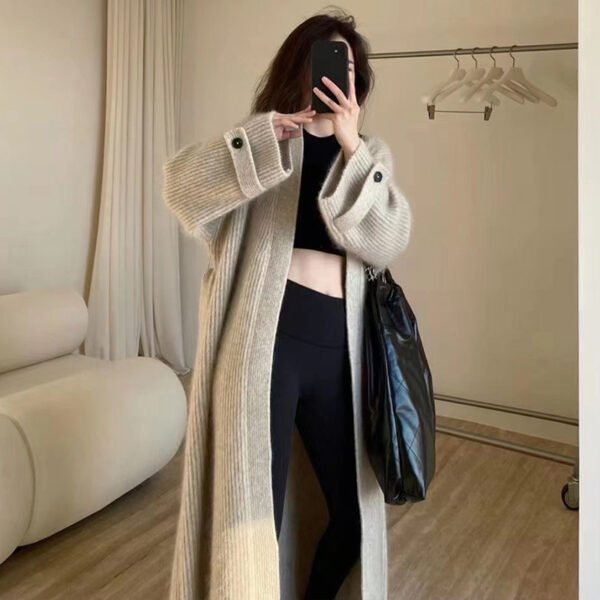 Long Knitted V-Neck Cardigan — Soft Knee Length Sweater Coat