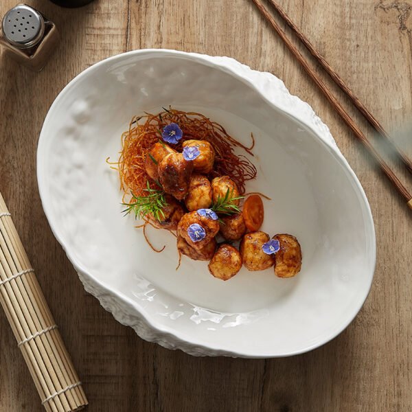 Stone-Texture Shell Serving Plate - Deep Ceramic Fish & Soup Platter