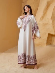 Printed Tassel Abaya Dress — V-Neck Robe