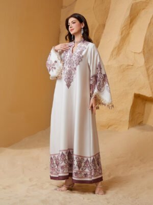 Printed Tassel Abaya Dress — V-Neck Robe