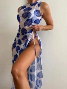 Leaf Print Swimsuit and Sheer Cover-Up Set – Three Piece Beachwear