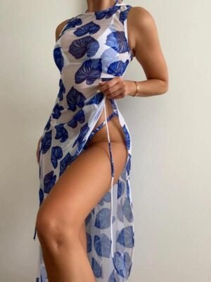 Leaf Print Swimsuit and Sheer Cover-Up Set - Three Piece Beachwear