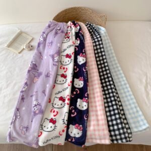 Cartoon Coral Fleece Pyjama Pants — Fleece-Lined Winter Home Trousers