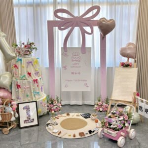Pink Bow First Birthday Photo Backdrop — Girl’s Balloon KT Board Set