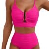 V-Neck Hollow-Out Pleated Bikini - High-Waist Swimsuit