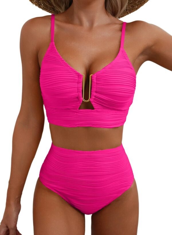 V-Neck Hollow-Out Pleated Bikini - High-Waist Swimsuit
