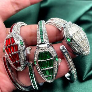 Snake Bangle Quartz Watch - Diamante Open-Cuff Bracelet Watch for Women