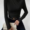 Cross-Front Ruched T-Shirt - Slim Fit Long Sleeve Top
