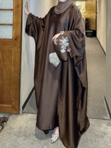 Embroidered Satin Open-Front Abaya — Luxury Cardigan Abaya Set