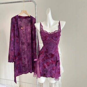 Butterfly Print Nightgown and Robe Set — Deep V Backless Sleepwear