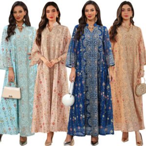 Rhinestone Printed Ethnic Robe — Summer Kaftan Dress
