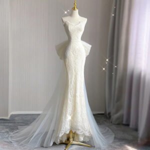 French Lace Strapless Mermaid Wedding Dress with Detachable Overskirt