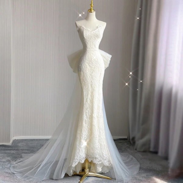French Lace Strapless Mermaid Wedding Dress with Detachable Overskirt