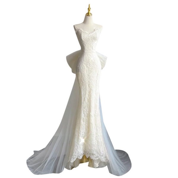 French Lace Strapless Mermaid Wedding Dress with Detachable Overskirt
