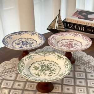 Ceramic Footed Fruit & Snack Plate - Light Luxury Dried Fruit Dish (8in, Wooden Base)