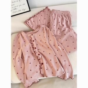 Women's Velvet Lace Pyjama Set — Heart Print Winter Loungewear