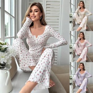 Ditsy Floral Long-Sleeve Pajama Set - Women's Long Loungewear