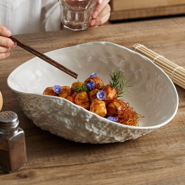 Stone-Texture Shell Serving Plate - Deep Ceramic Fish & Soup Platter