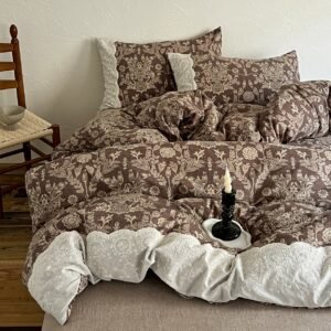 Linen Blend Four-Piece Bedding Set — Cotton Lace Trim, Vintage Floral