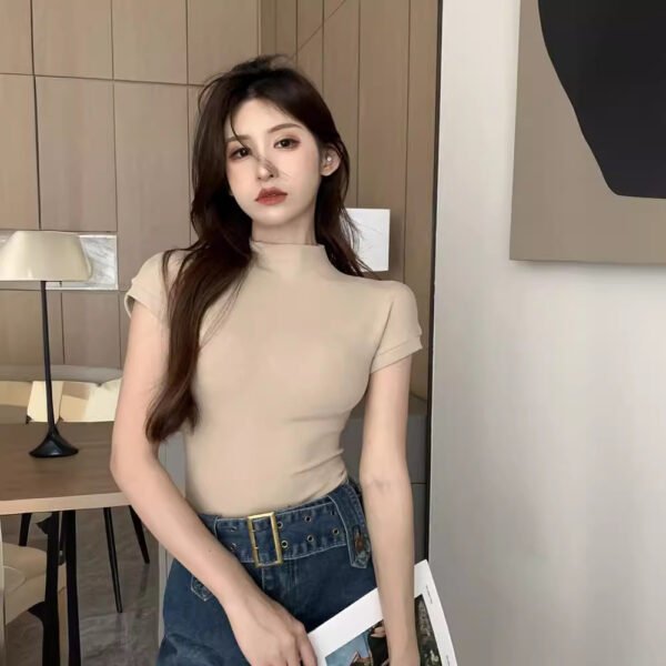 O1CN01fN62EZ2JUht4RS1aQ_2204599425-0-cib Mock Neck Short Sleeve T-Shirt - Fitted Ribbed Knit Top for Women