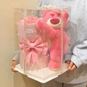 Strawberry Bear Everlasting Flower Bouquet Gift Set with Lamp