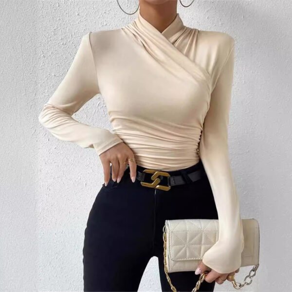 Cross-Front Ruched T-Shirt - Slim Fit Long Sleeve Top