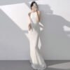 White/Apricot Silver Sequin Mermaid Halter Evening Gown