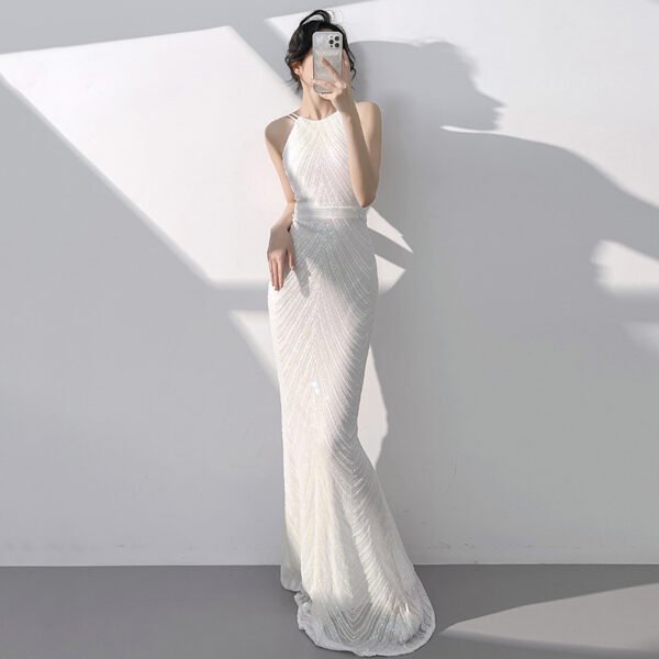 White/Apricot Silver Sequin Mermaid Halter Evening Gown
