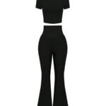 High-Waist Flared Pants & Crop Top Two-Piece Set - Women's Casual Sportswear
