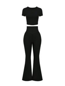 High-Waist Flared Pants & Crop Top Two-Piece Set – Women’s Casual Sportswear