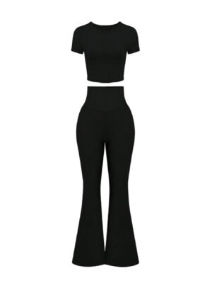 High-Waist Flared Pants & Crop Top Two-Piece Set - Women's Casual Sportswear