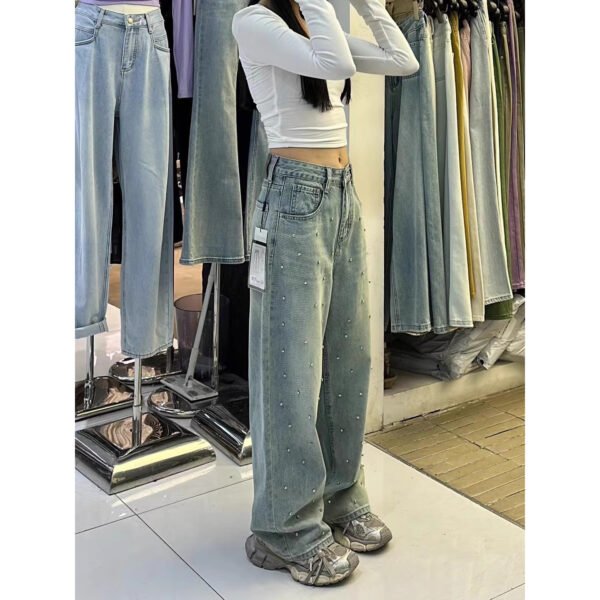 Rhinestone-Trim Straight Leg Jeans - Loose Wide Leg, Women's
