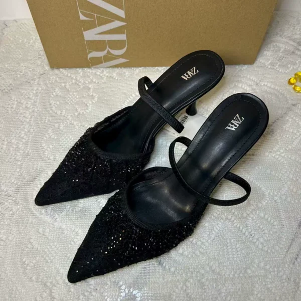 ZARA Mesh Rhinestone Pointed-Toe Slingback Heels