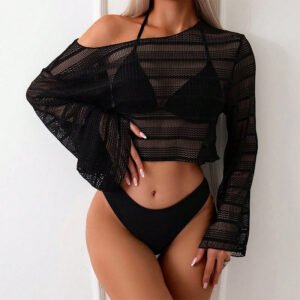 Three-Piece Swimsuit with Mesh Cover-Up - Lace-Up Halter Bikini and Beach Blouse