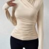 Cross-Front Ruched T-Shirt - Slim Fit Long Sleeve Top