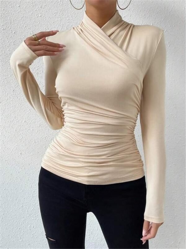 Cross-Front Ruched T-Shirt - Slim Fit Long Sleeve Top