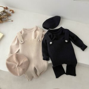 Baby Girls’ Ribbed Dungaree & Sweater Set — Korean Knitted Two-Piece