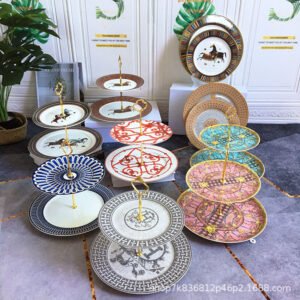 HERMES Two-Tier Ceramic Cake Stand - European Vintage Dessert Plate, Gift Boxed