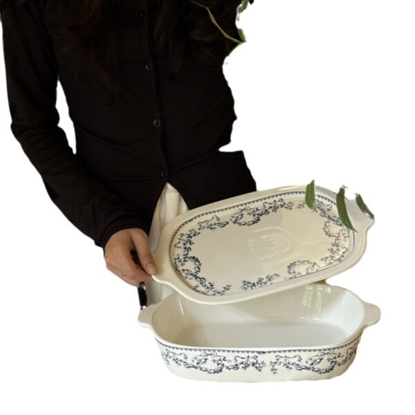 French Style Ceramic Baking Dish with Lid — Twin Handle Bakeware & Serving Plate