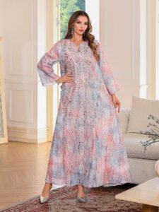 Embroidered Rhinestone Long Dress with Full Skirt