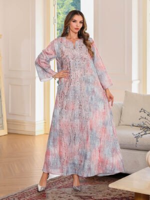 Embroidered Rhinestone Long Dress with Full Skirt