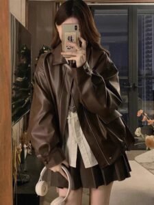 Women’s Cropped Leather Jacket — Boxy Collarless Autumn Coat