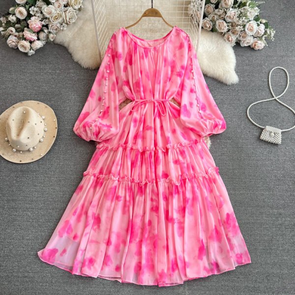 A-Line Printed Midi Dress - Long Sleeve, Low Crewneck