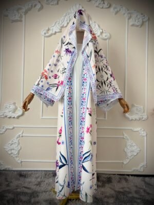Floral Print Vintage Cardigan Long Dress & Headscarf Set