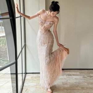 Tasselled Evening Gown in Nude Pink - Engagement and Formal Occasion Dress